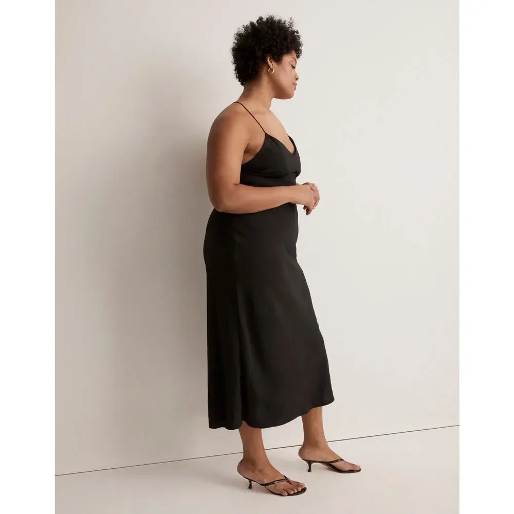 Madewell Layton Slip Midi Dress Black 10 Silk Blend Minimalist Strappy Back Chic - Picture 11 of 11